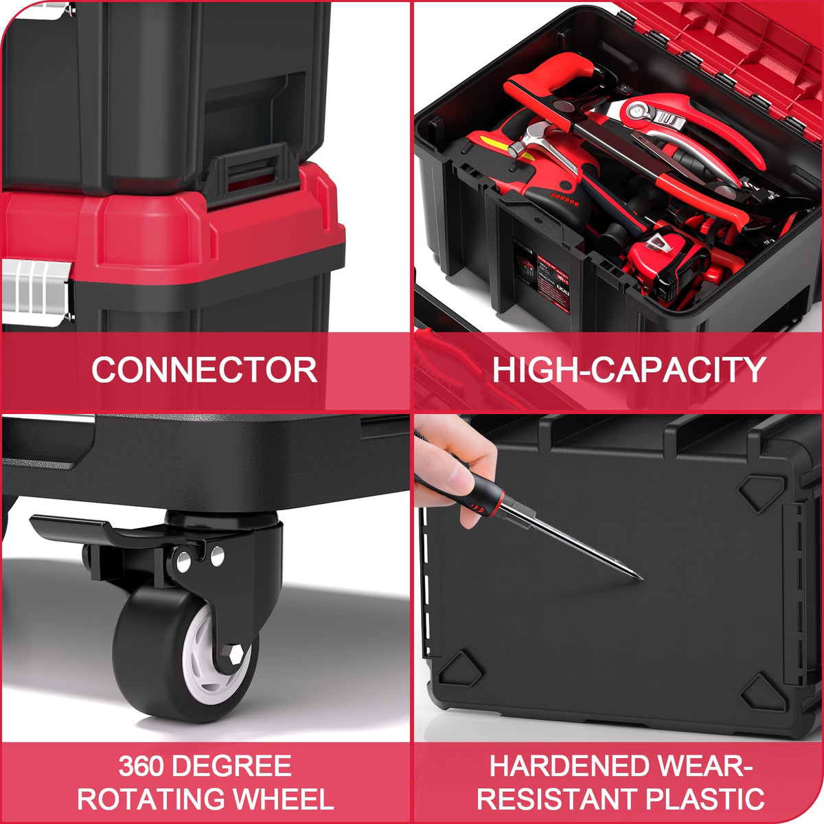 3-in-1 Rolling Tool Box with Wheels,Stackable Modular Tool Organizer System,17" Portable Waterproof Toolbox on Wheels for Garage,Mechanics and Home Repair (Red-Black)