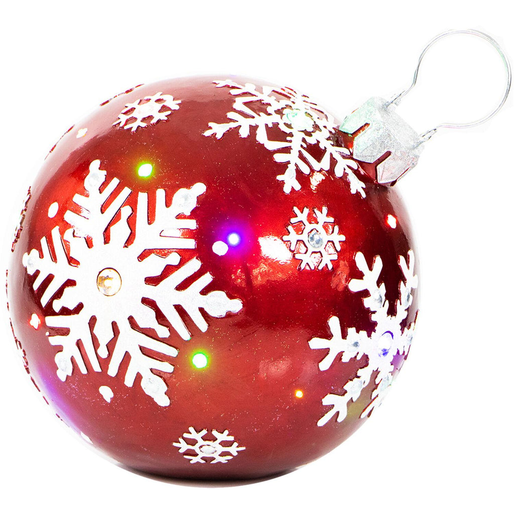 Fraser Hill Farm Indoor/Outdoor Oversized Christmas Decor w/ Long-Lasting LED Lights, 18-In. Jeweled Ball Ornament w/Snowflake  in Red