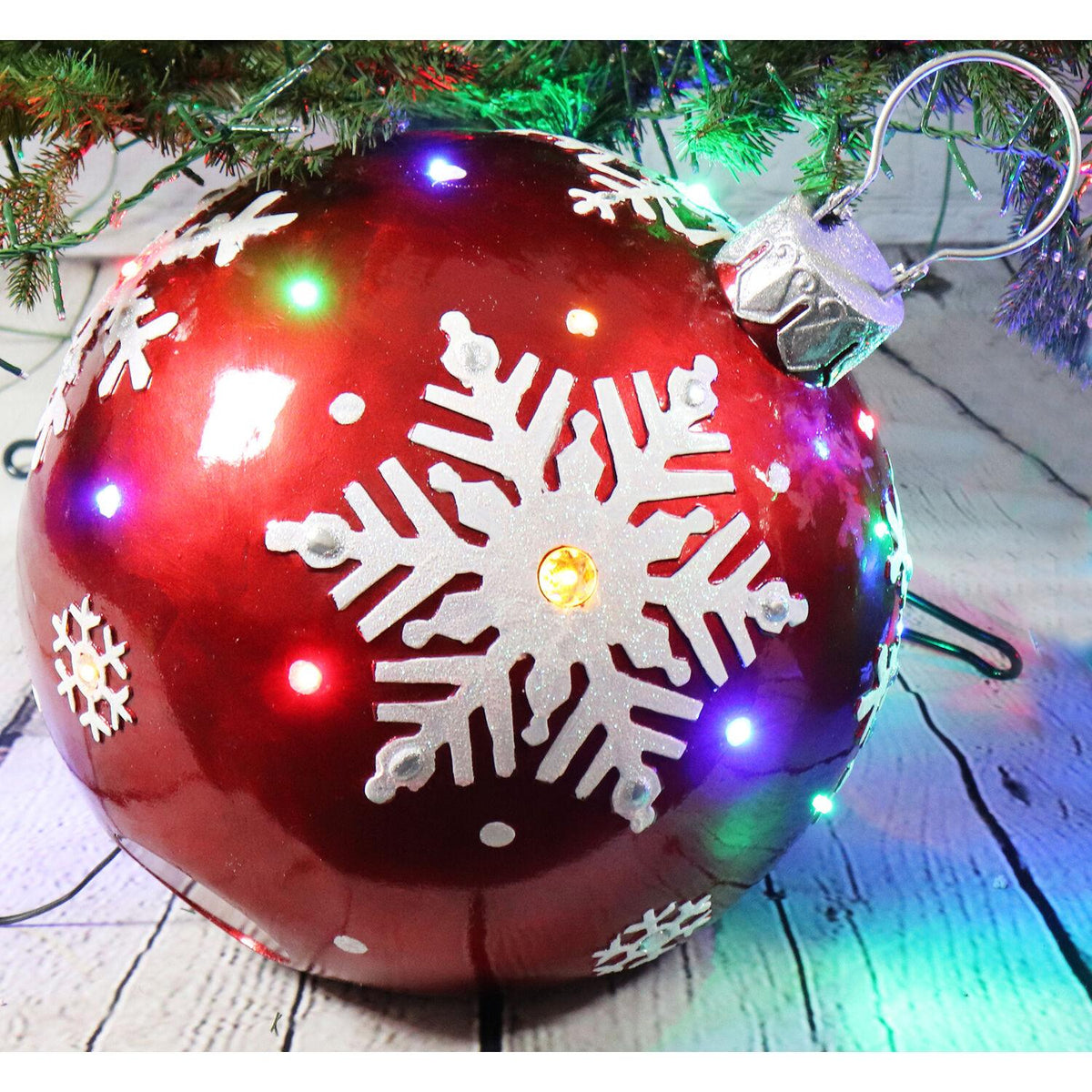 Fraser Hill Farm Indoor/Outdoor Oversized Christmas Decor w/ Long-Lasting LED Lights, 18-In. Jeweled Ball Ornament w/Snowflake  in Red