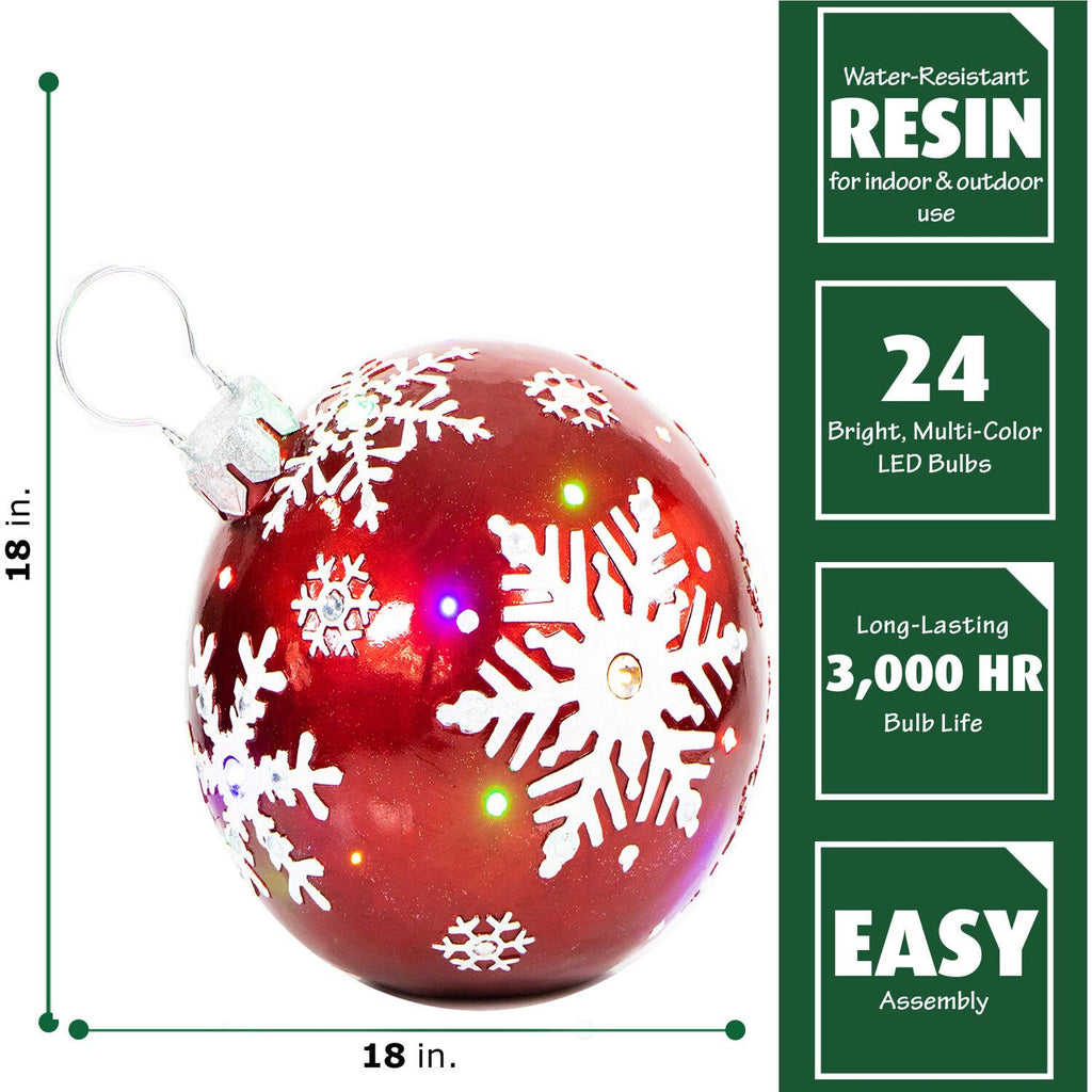 Fraser Hill Farm Indoor/Outdoor Oversized Christmas Decor w/ Long-Lasting LED Lights, 18-In. Jeweled Ball Ornament w/Snowflake  in Red