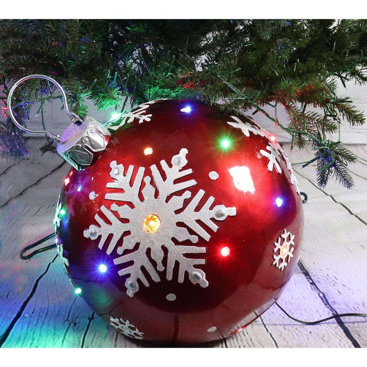 Fraser Hill Farm Indoor/Outdoor Oversized Christmas Decor w/ Long-Lasting LED Lights, 18-In. Jeweled Ball Ornament w/Snowflake  in Red