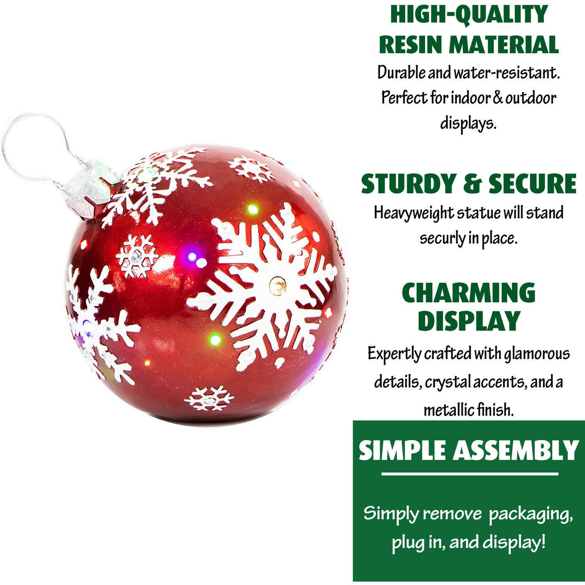 Fraser Hill Farm Indoor/Outdoor Oversized Christmas Decor w/ Long-Lasting LED Lights, 18-In. Jeweled Ball Ornament w/Snowflake  in Red