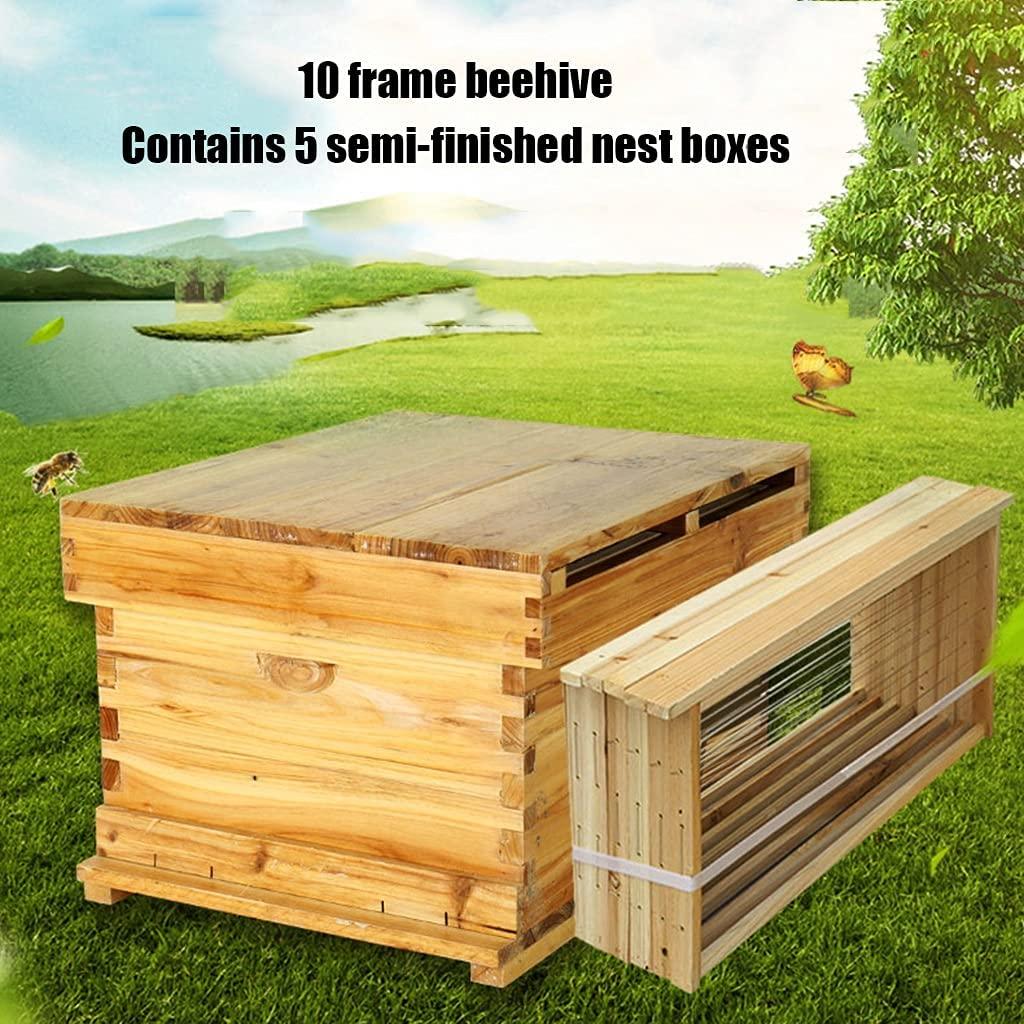 beehive, 10 frame wood bee house box, beekeeping supplies equipment tool, w/base wood complete honey bee hives kit, for beekeeper starter (color : primary color, size : 10 frame+10 base)