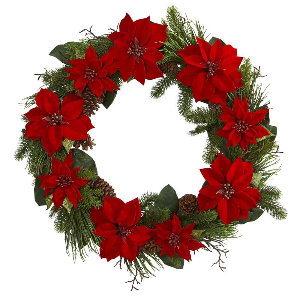 36 in. Artificial Poinsettia and Pine Wreath