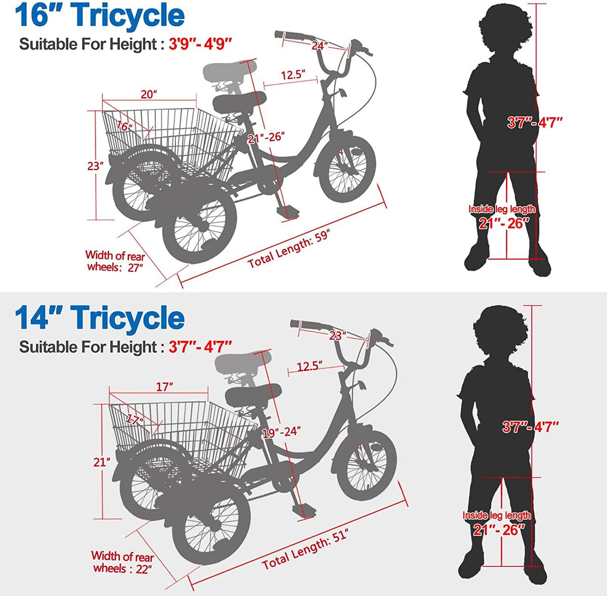 FICISOG 17 Color 16 Inch Tricycles 1 Speed 3 Wheel Bikes for 6-15 Years Old Children Kids Trikes Three-Wheeled Bicycles Cruise Trike with Shopping Basket