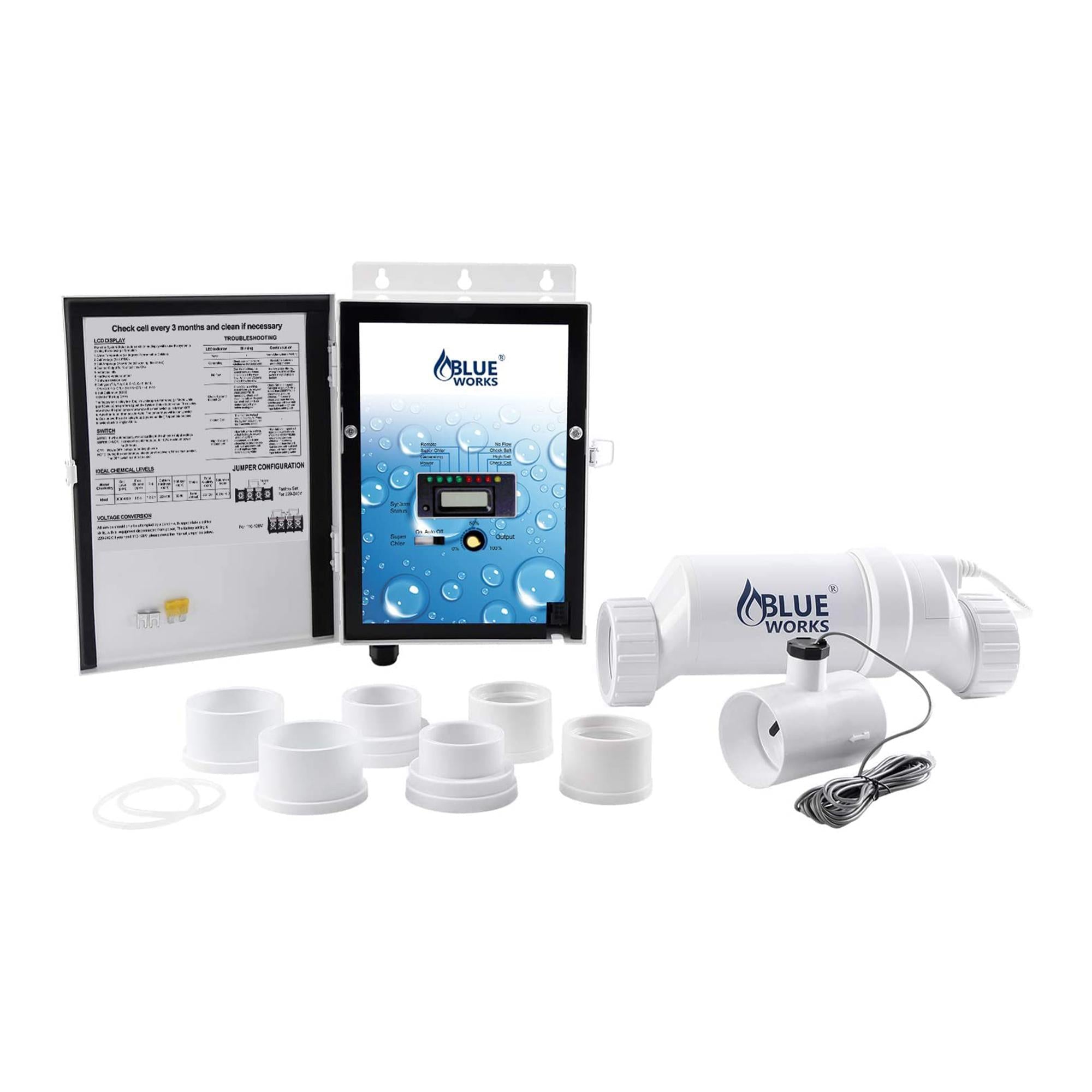blue works blh30 salt water pool chlorinator generator system, 25,000 gallons, white