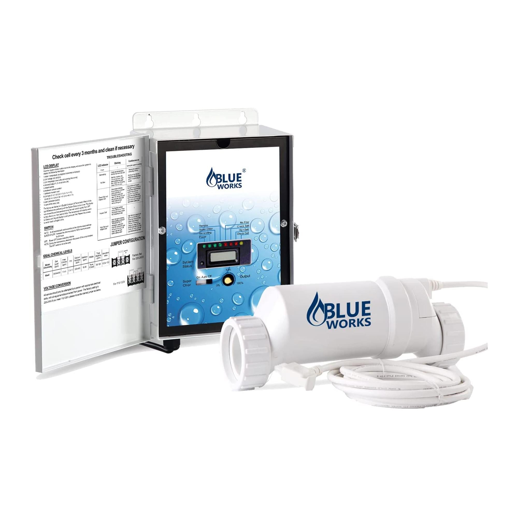 blue works blh30 salt water pool chlorinator generator system, 25,000 gallons, white