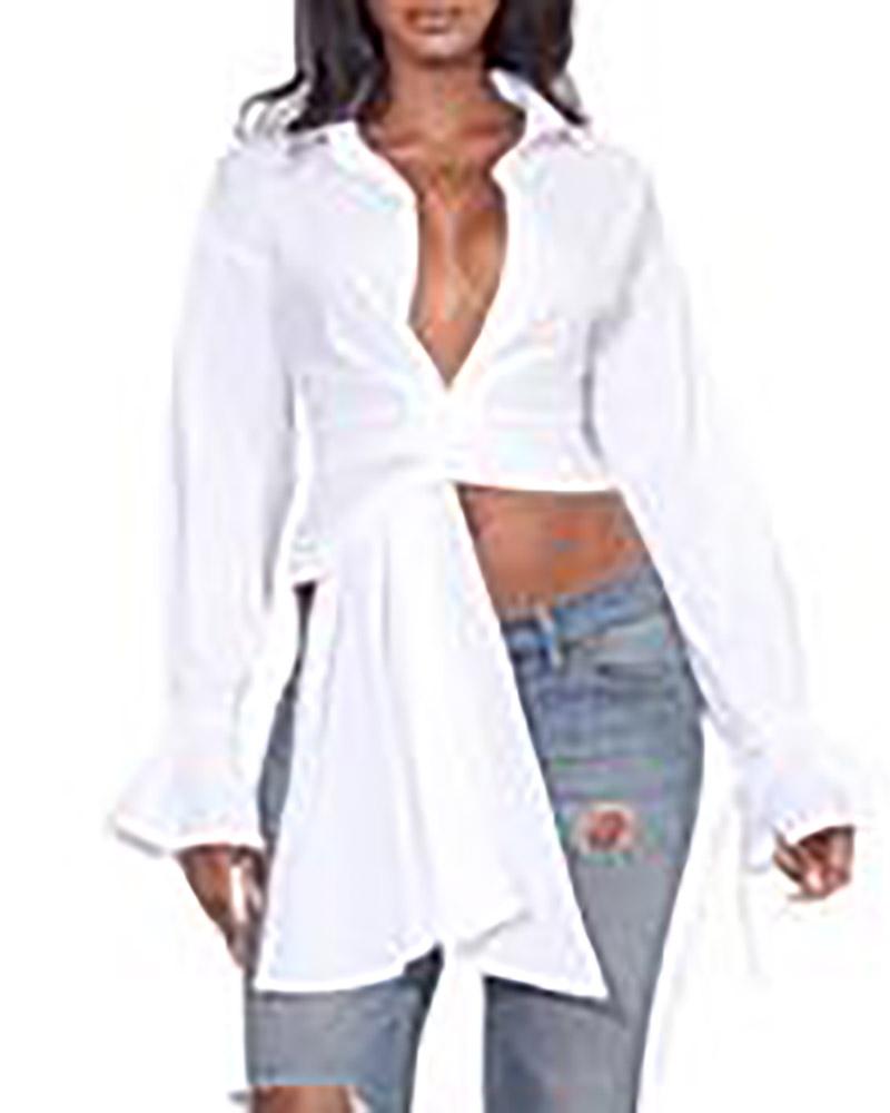 asymmetrical bell sleeve ruched crop top