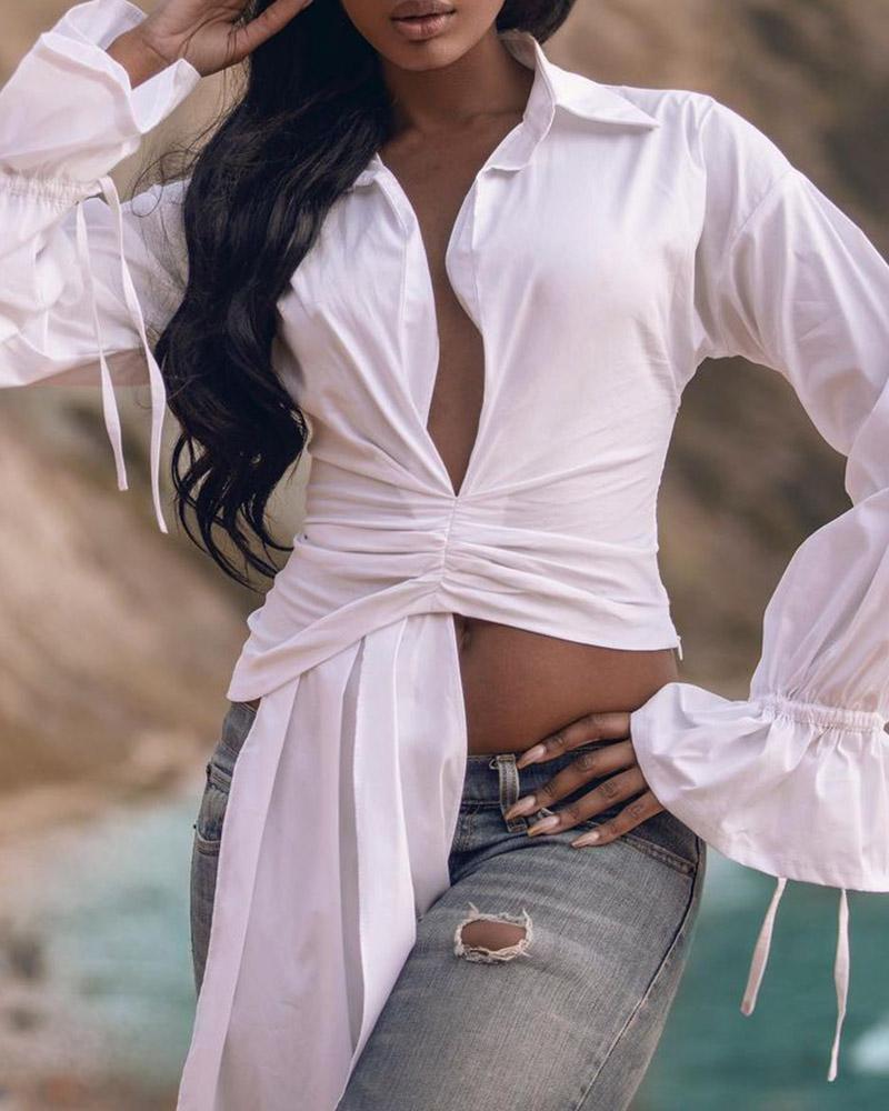 asymmetrical bell sleeve ruched crop top