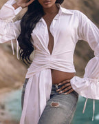 asymmetrical bell sleeve ruched crop top