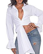asymmetrical bell sleeve ruched crop top