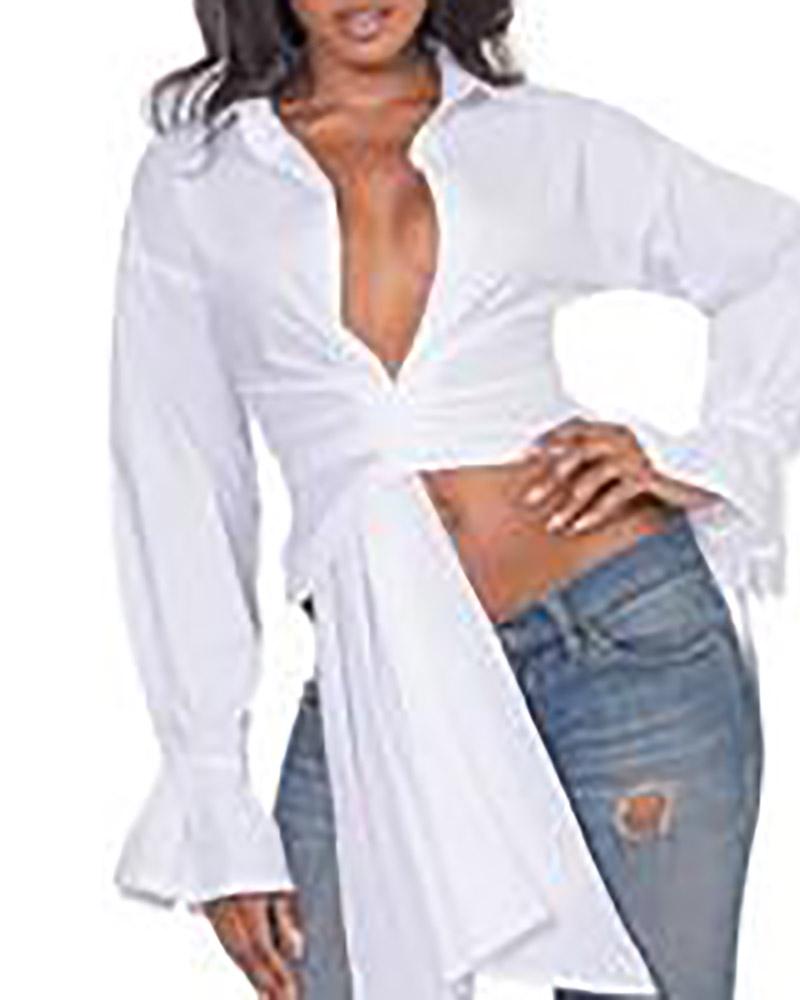 asymmetrical bell sleeve ruched crop top