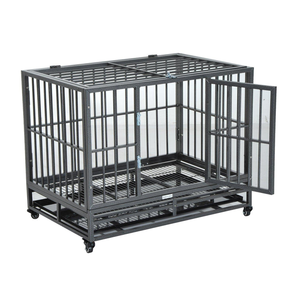 PawHut Heavy Duty Steel Dog Crate Kennel Pet Caw/Wheels - Grey Vein