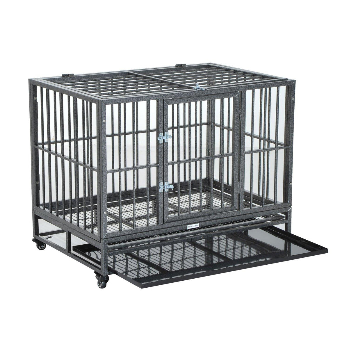 PawHut Heavy Duty Steel Dog Crate Kennel Pet Caw/Wheels - Grey Vein