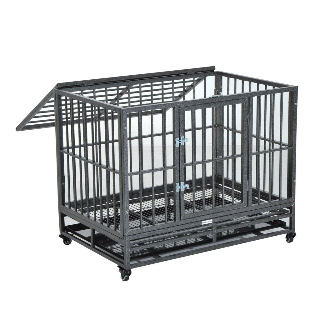 PawHut Heavy Duty Steel Dog Crate Kennel Pet Caw/Wheels - Grey Vein