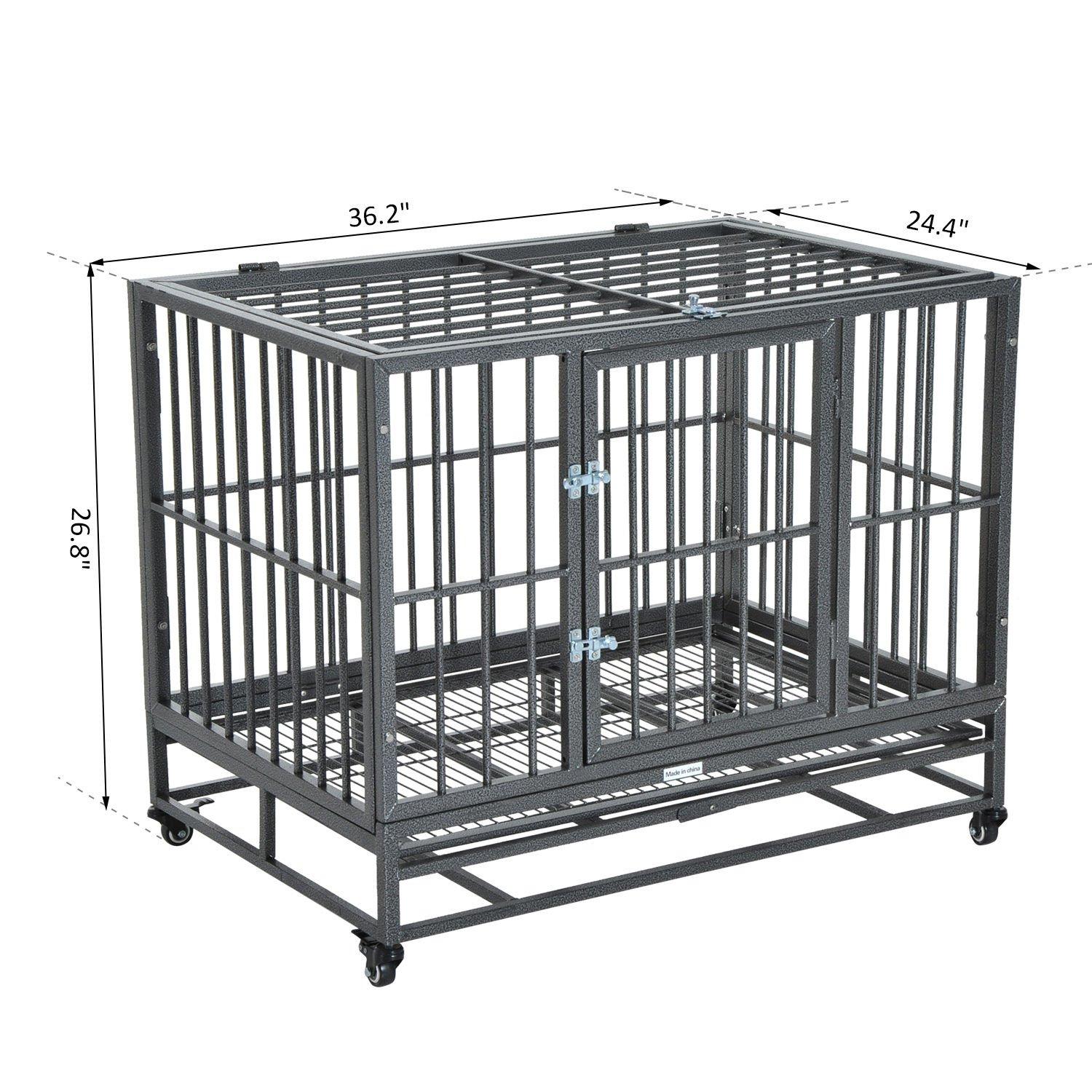 PawHut Heavy Duty Steel Dog Crate Kennel Pet Caw/Wheels - Grey Vein