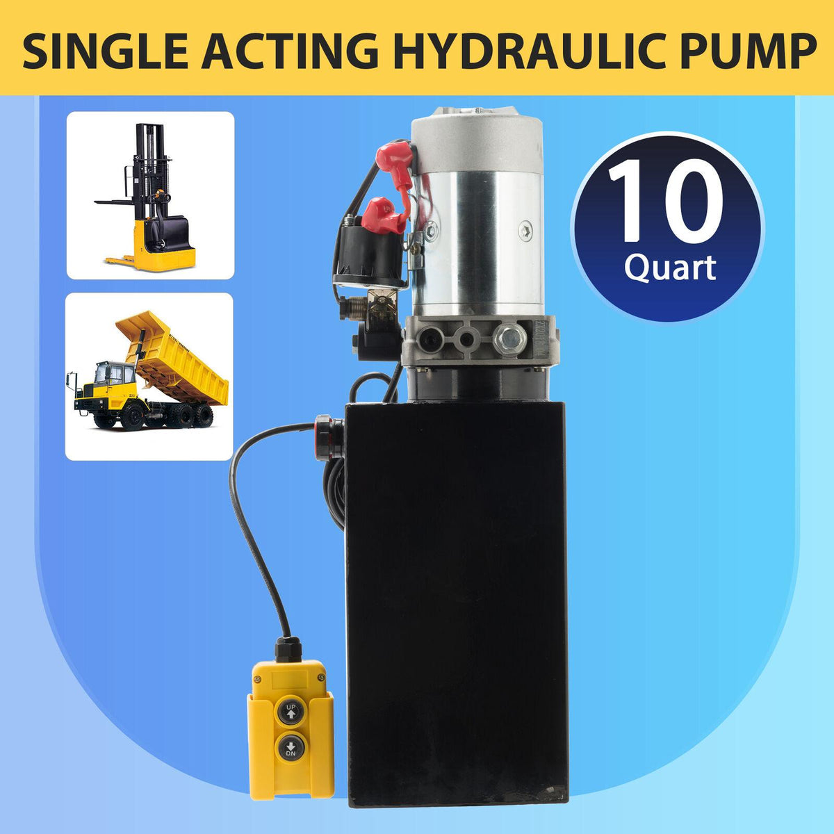 Single Acting Hydraulic Pump for Dump Trailers 12 VDC 10 Quart Metal Reservoir