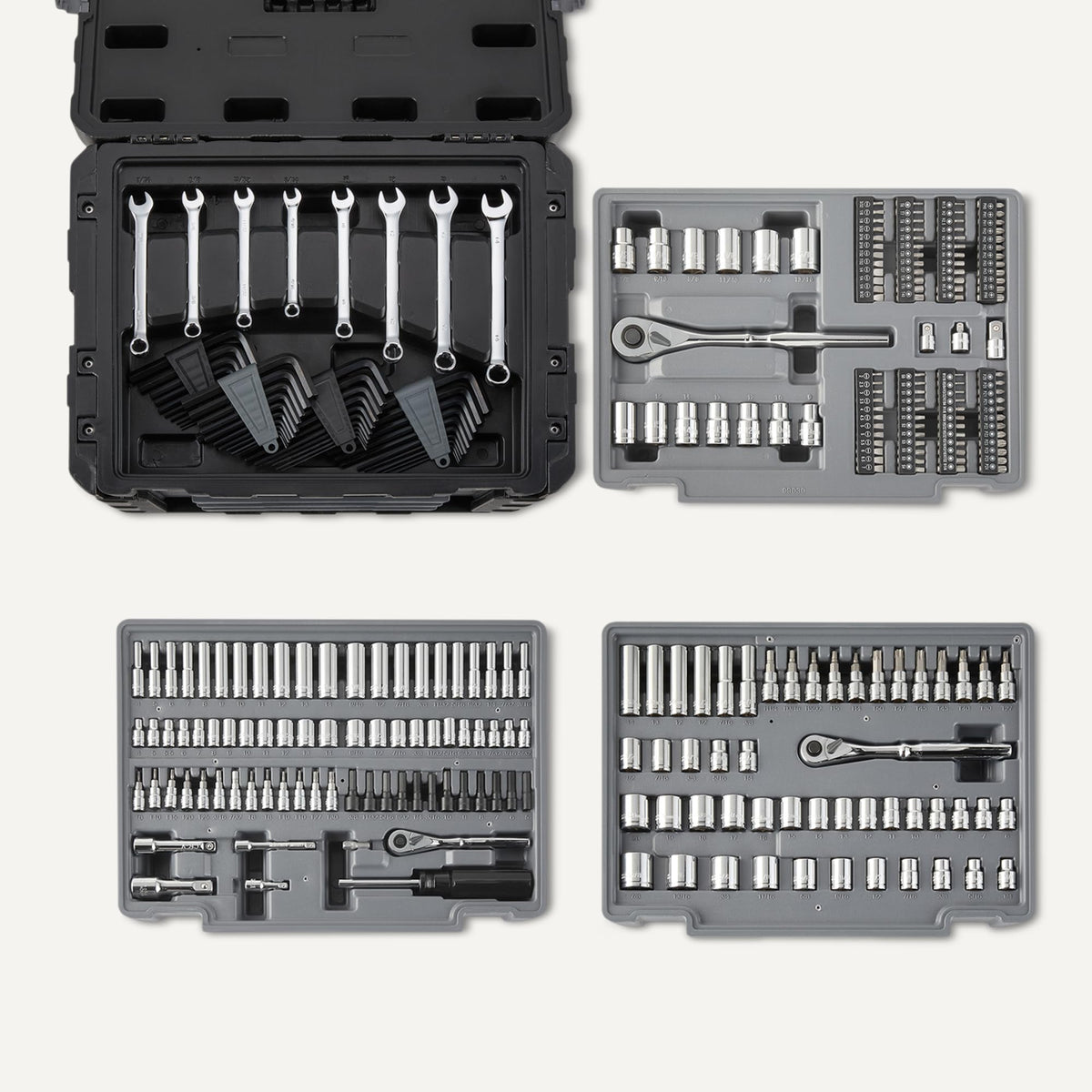 287-Piece Mechanic Socket Set with -Release Ratchets, Wrenches, Bits, 1/4" 3/8" 1/2", Metric and SAE, 3-Drawer Case, for Auto and Machine Repairs