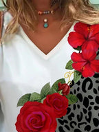Fashion Flower Print V-neck T-shirt