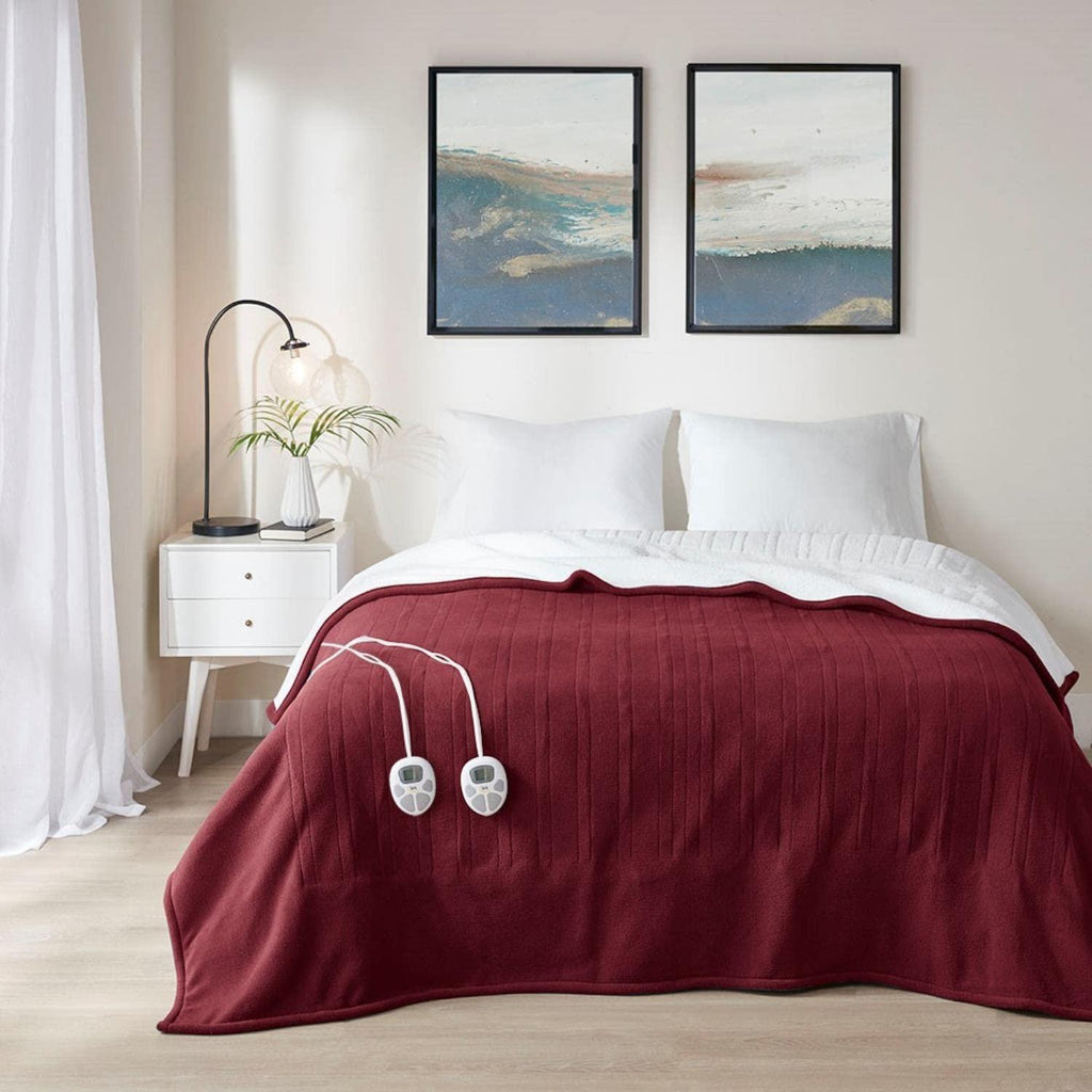 Gracie Mills Polyester Fleece to Sherpa Heated Blanket with Burgundy Finish ST54-0144