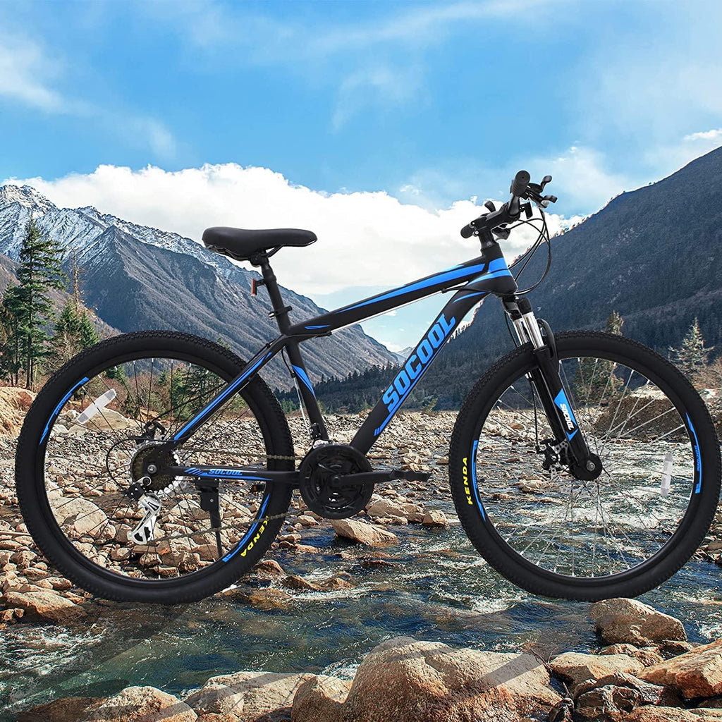 SOCOOL Mens Womens Mountain Bike, 26 Inch Wheels, Aluminum Frame, Twist Shifters, 21-Speed Rear Deraileur, Front and Rear Disc Brakes, Multiple Colors (Black/Blue)