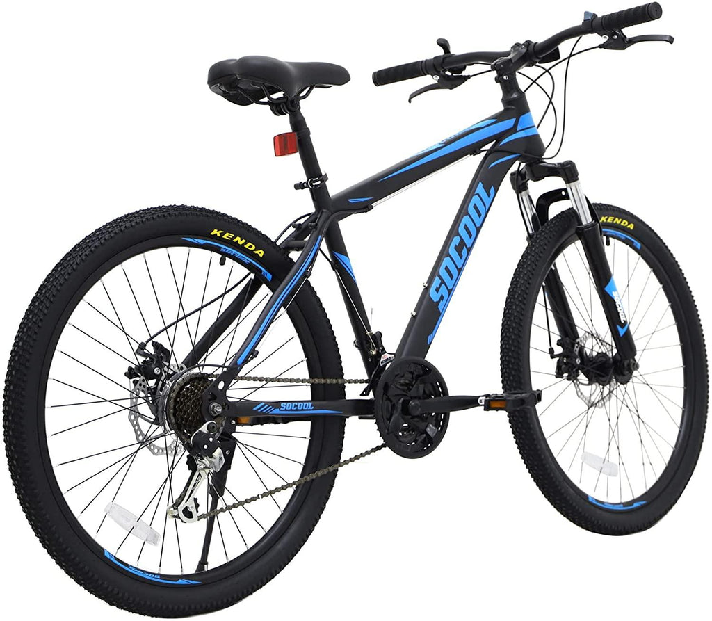 SOCOOL Mens Womens Mountain Bike, 26 Inch Wheels, Aluminum Frame, Twist Shifters, 21-Speed Rear Deraileur, Front and Rear Disc Brakes, Multiple Colors (Black/Blue)