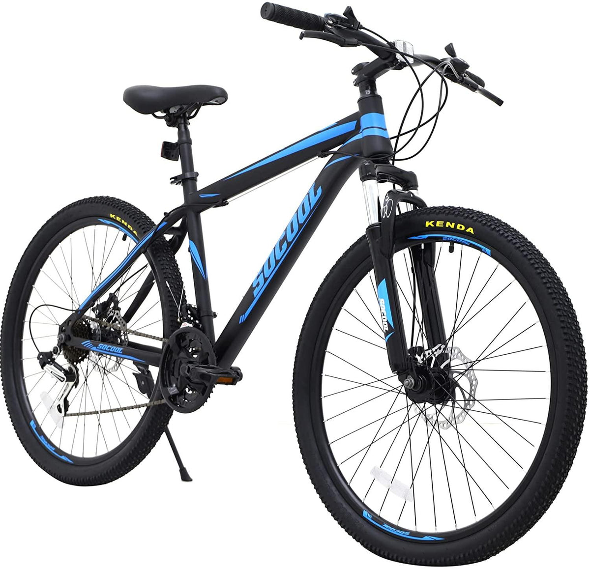 SOCOOL Mens Womens Mountain Bike, 26 Inch Wheels, Aluminum Frame, Twist Shifters, 21-Speed Rear Deraileur, Front and Rear Disc Brakes, Multiple Colors (Black/Blue)