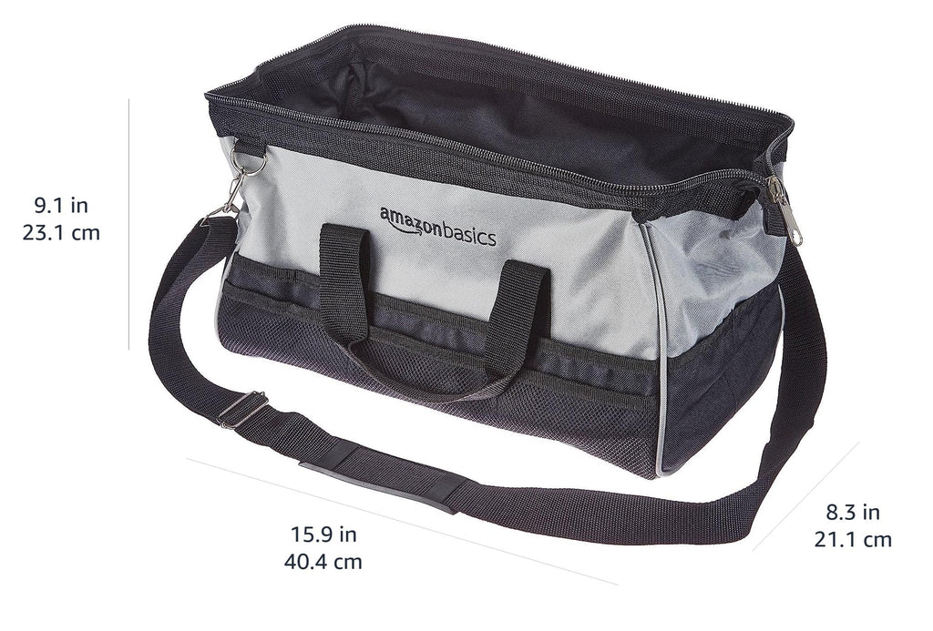 Durable Wear-Resistant Tool StoraBag with Adjustable Shoulder Strap, Portable Tool Organizer, 16 in, Black & Grey