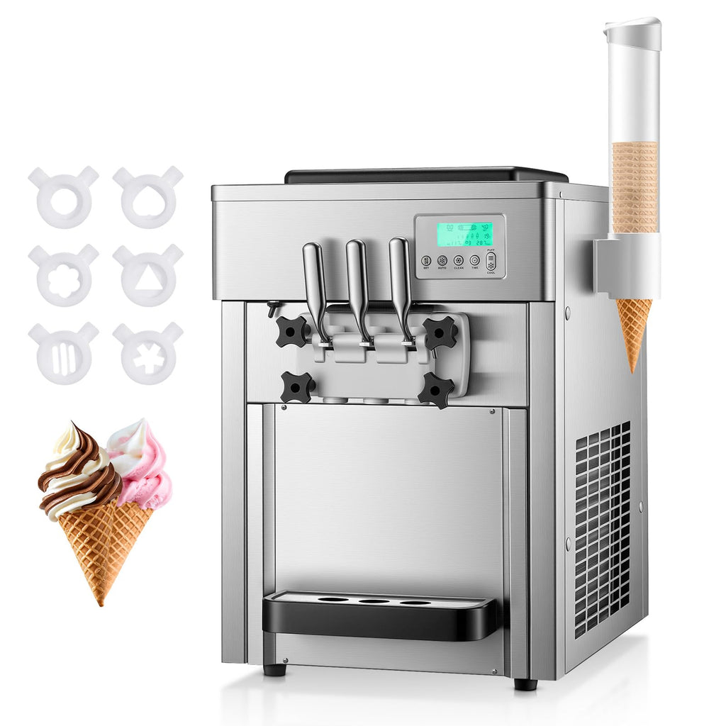 Commercial Ice Cream Machine 5.3-7.4 Gal/H, 3 Flavors Countertop Soft Serve Ice Cream Machine with 8L Hopper, Auto Clean Ice Cream Maker With Pre-Cooling for Snack Restaurants Bars, 1800W