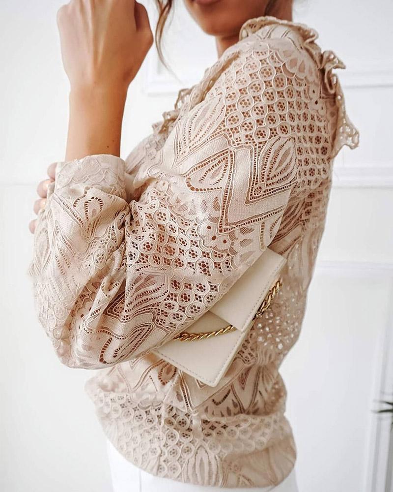 lace frill hem hollow out long sleeve top