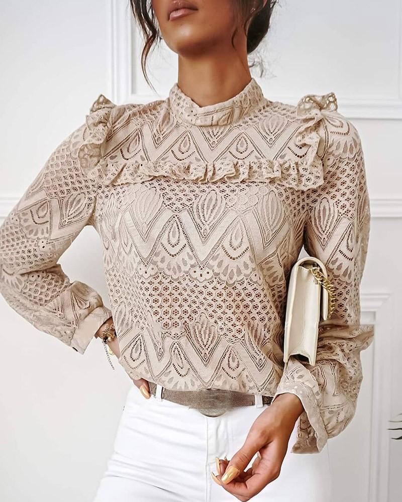 lace frill hem hollow out long sleeve top