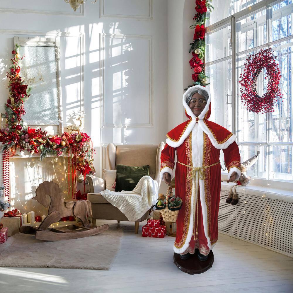 58 in. Christmas African American Dancing Mrs. Claus with Hooded Cloak