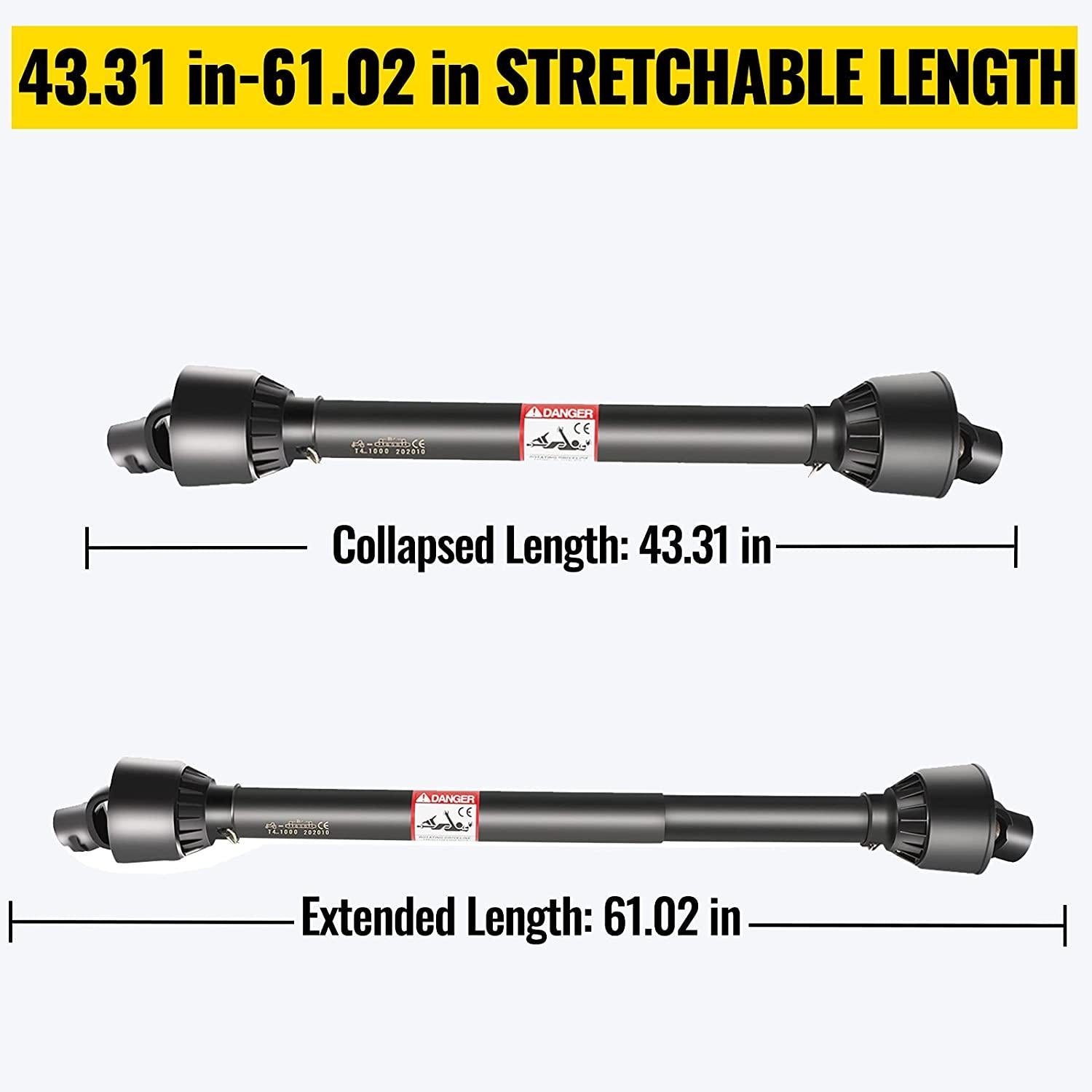 vevor pto shaft, 1-3/8" pto drive shaft, 6 spline tractor, round implement ends pto driveline shaft, series 4 tractor pto shaft, 43"-61" brush hog pto shaft black, for finish mower, rotary cutter