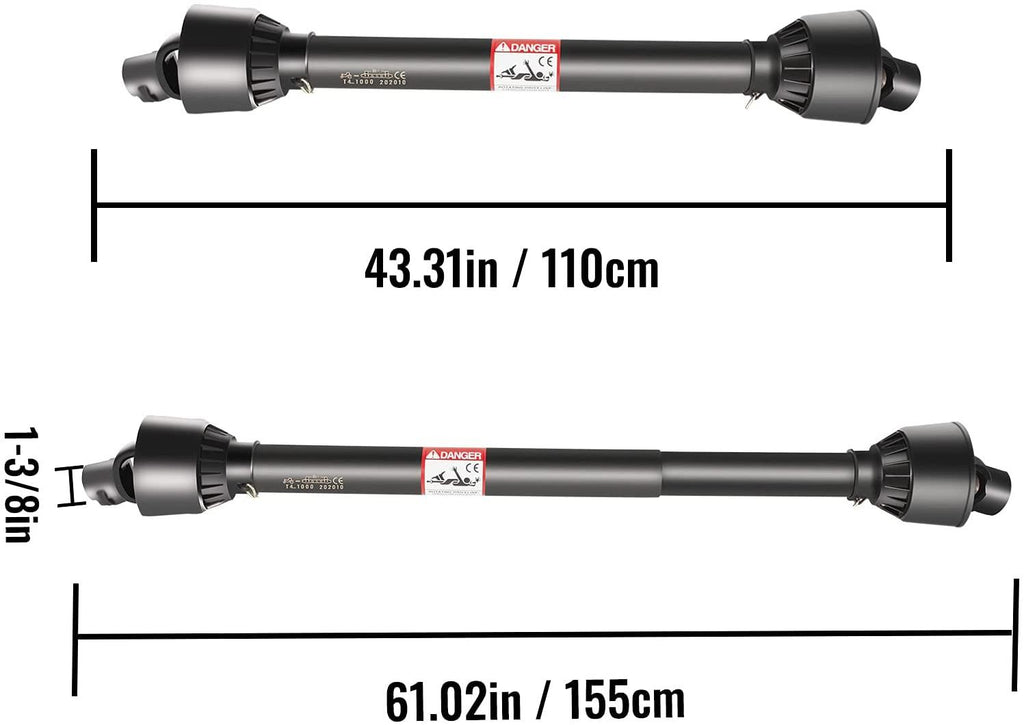 vevor pto shaft, 1-3/8" pto drive shaft, 6 spline tractor, round implement ends pto driveline shaft, series 4 tractor pto shaft, 43"-61" brush hog pto shaft black, for finish mower, rotary cutter