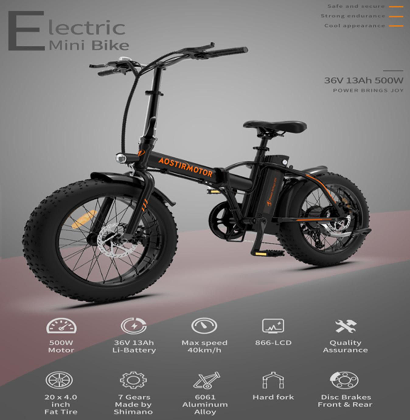 Folding Electric Bicycle,3 Riding Modes,500W Motor 20" Fat Tire With 36V/13Ah Li-Battery,With Front light,Rear Reflector-Black
