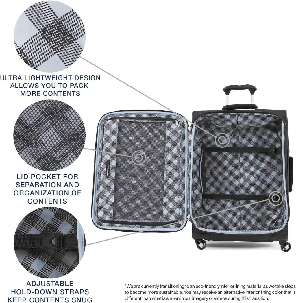 Maxlite 5 Softside Expandable Luggage with 4 Spinner Wheels, Lightweight Suitcase, Men and Women, Black, Checked-Medium 25-Inch
