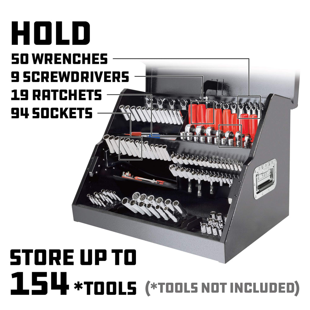 26 Inch Portable Slant Front Rapid Toolbox Tiered Tool Holders, 16 GauSteel, Weather-Resistant Lockable Magnetic Lid, Grey - 240102