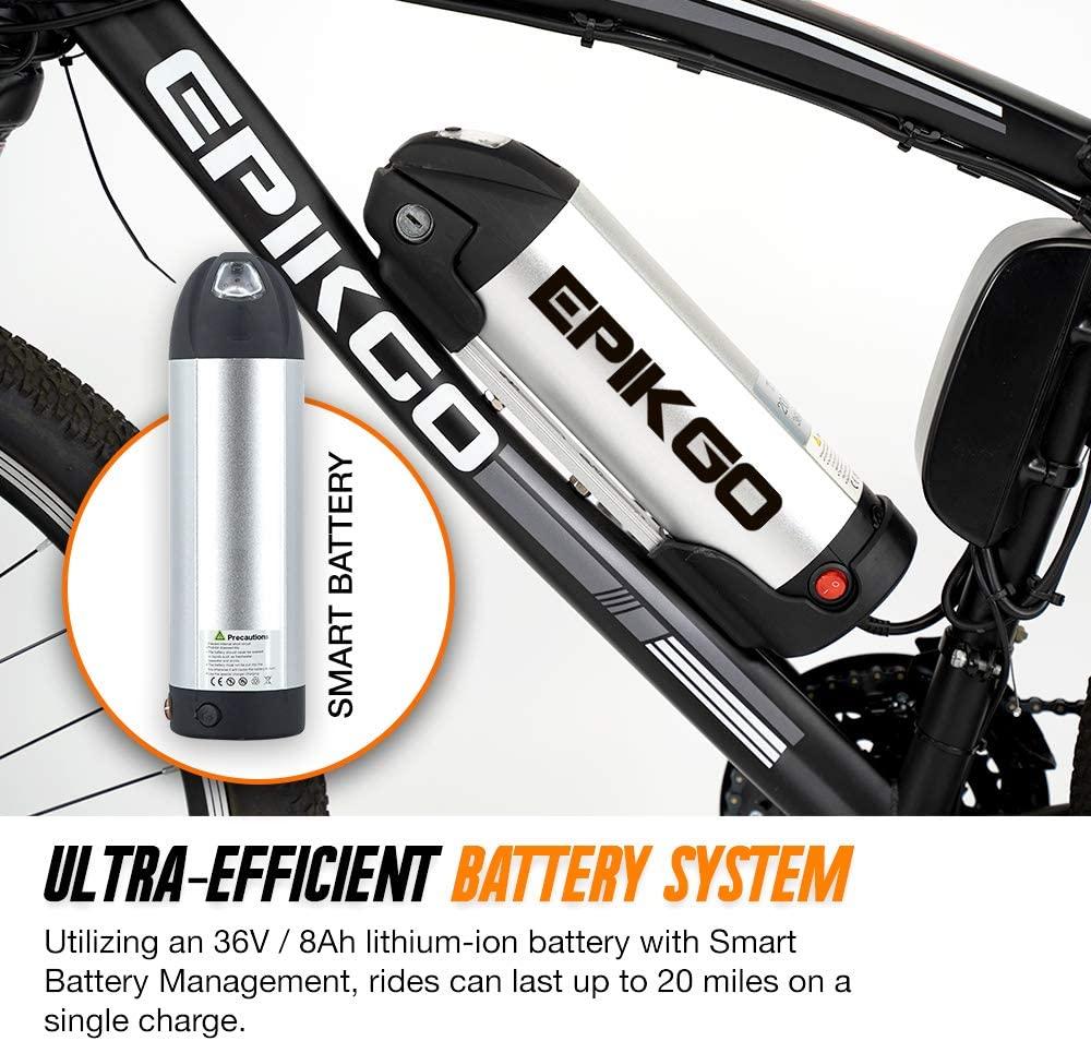 EPIKGO Electric Bike 250W Motor Powered Mountain Bicycle 26" Tire, 20MPH Adult Ebike with P.A.S and 21 Speed-Gear Shifter 36V/8AH Removable Lithium Battery