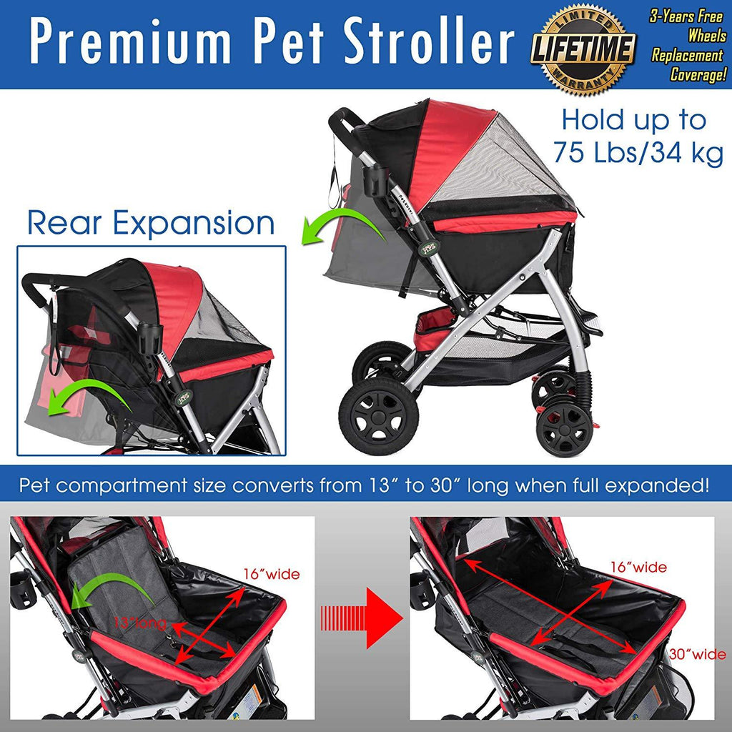 HPZ Pet Rover Premium Heavy Duty Dog/Cat/Pet Stroller Travel Carriawith Convertible Compartment/Zipperless Entry/Reversible Handlebar/Pump-Rubber Tires for Small, Medium, LarPets