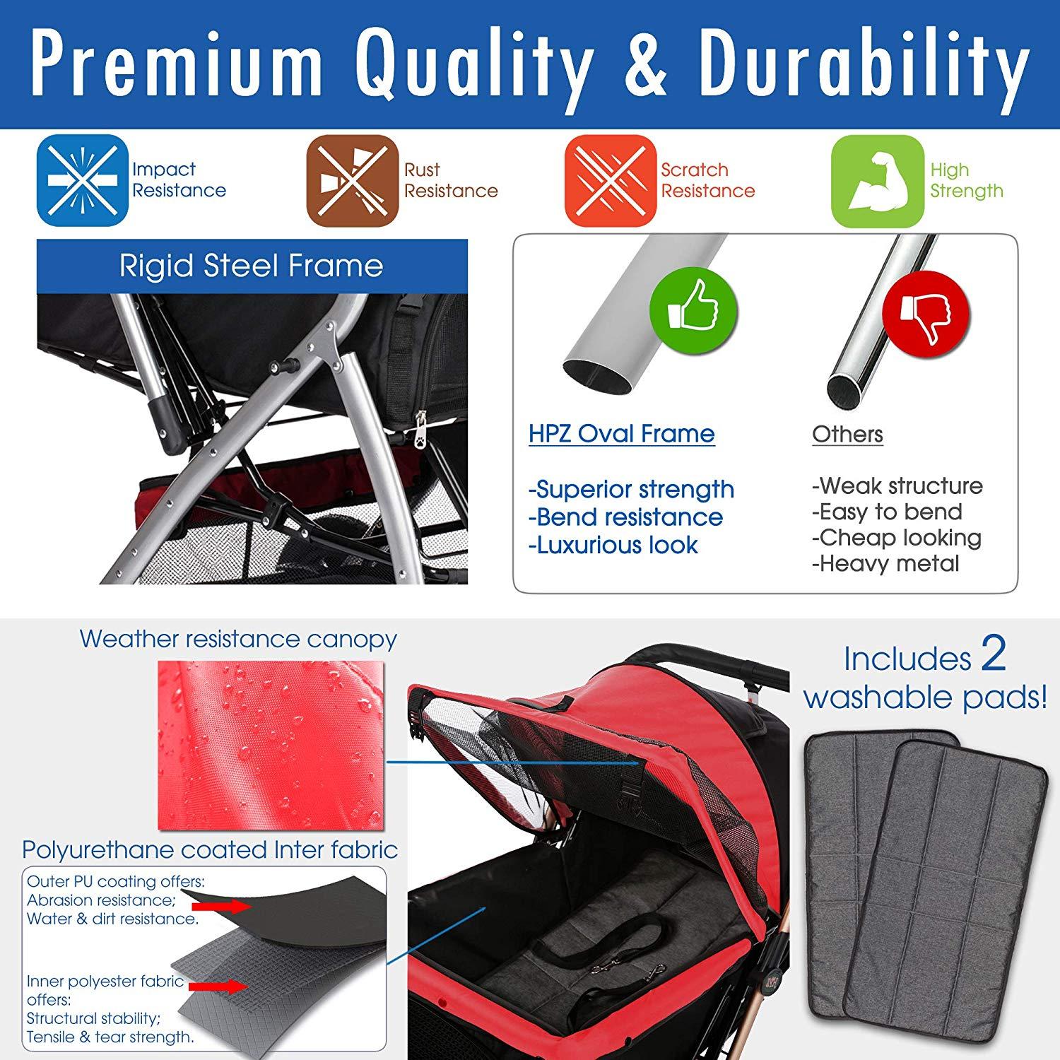 HPZ Pet Rover Premium Heavy Duty Dog/Cat/Pet Stroller Travel Carriawith Convertible Compartment/Zipperless Entry/Reversible Handlebar/Pump-Rubber Tires for Small, Medium, LarPets