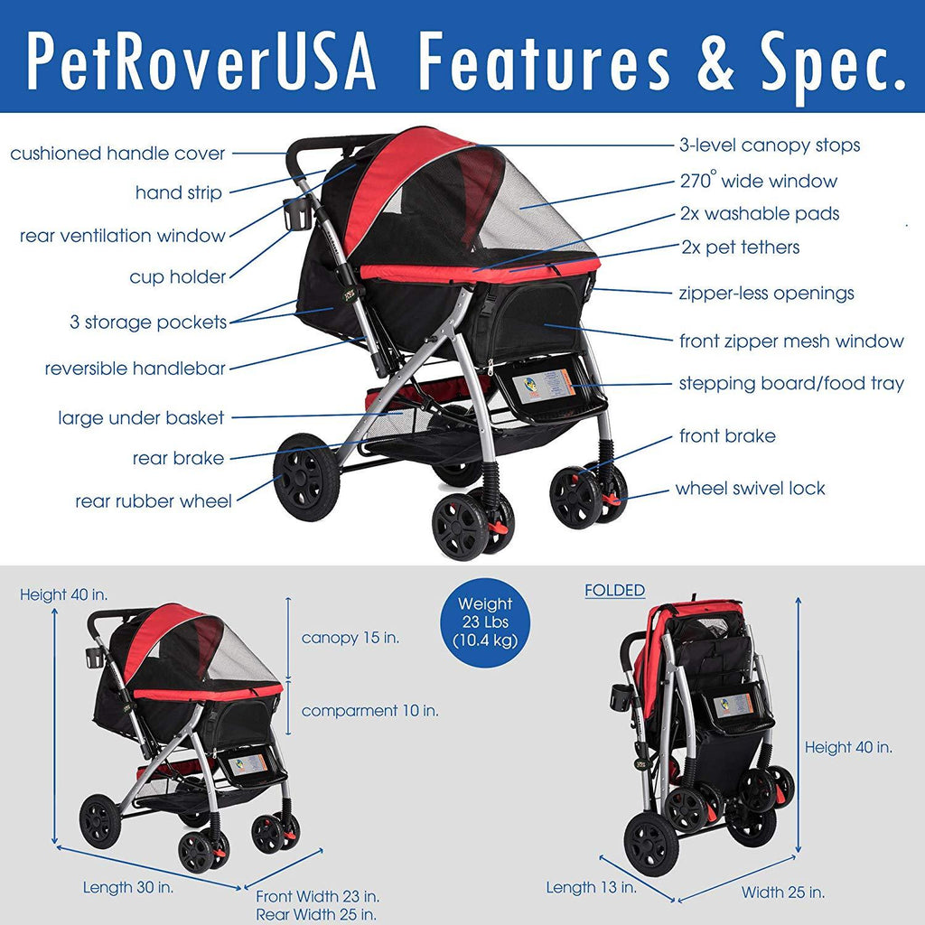 HPZ Pet Rover Premium Heavy Duty Dog/Cat/Pet Stroller Travel Carriawith Convertible Compartment/Zipperless Entry/Reversible Handlebar/Pump-Rubber Tires for Small, Medium, LarPets
