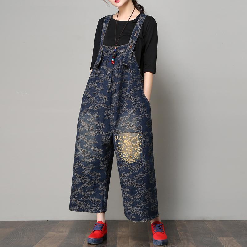 Winter Thick Loose Embroidered Wide-leg Denim Jumpsuit