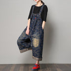 Winter Thick Loose Embroidered Wide-leg Denim Jumpsuit