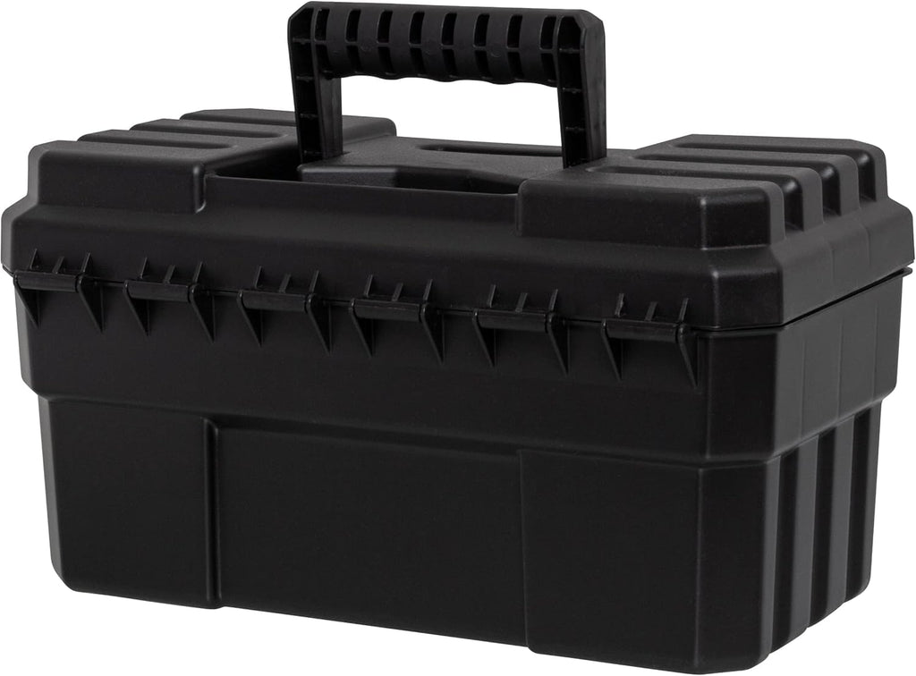14-Inch Plastic Toolbox with Removable Tray, Steel Latch & Padlock Eye, Industrial-Grade Tool Box for Tools, Crafts, First Aid & Hobby Supplies, 14" x 8" x 8", Made in USA, Black (09514)