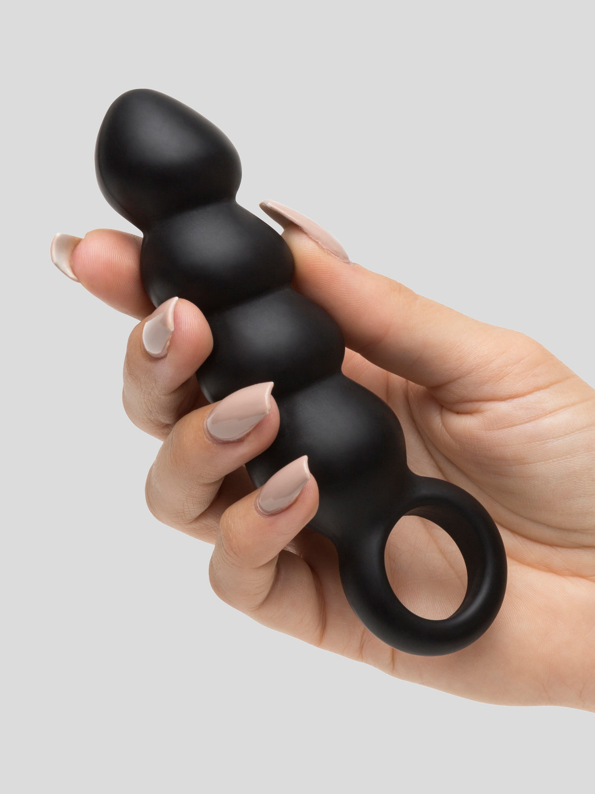 Beaded Silicone Butt Plug with Finger Loop, Black