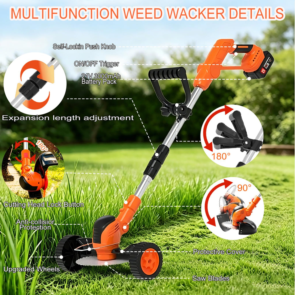 Cordles Weed Wacker, 21V Electric Weed Eater Battery Powered, No String Trimmer with Wheels &amp; Metal Blades, Lightweight Grass Trimmer/Lawn Edger/Brush Cutter, Stringless Weed Trimmer for Yard Garden