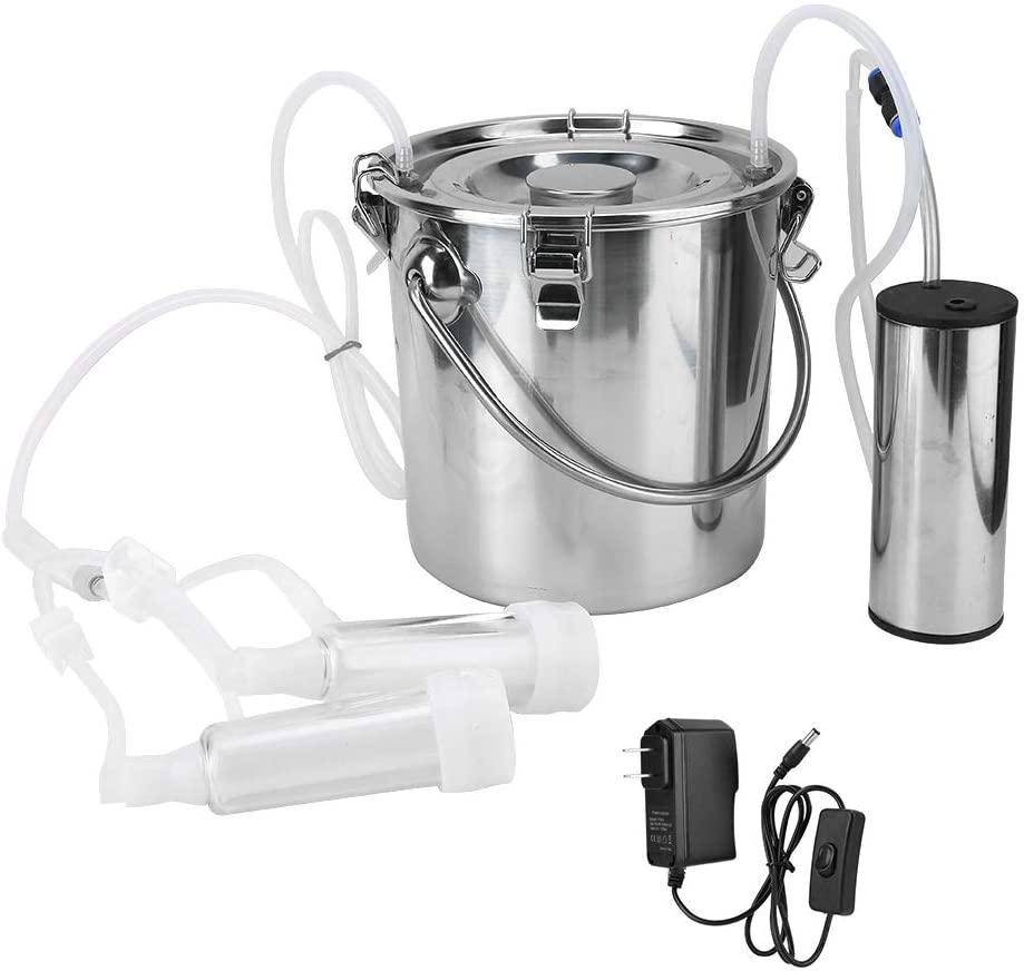 electric milking machine, portable automatic pulsation vacuum pump milker with 5l stainless steel bucket &amp; 2 teat cups, food grade cow and goat milking machine for farm, livestock use(for cow #1)