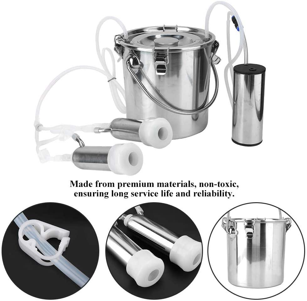 electric milking machine, portable automatic pulsation vacuum pump milker with 5l stainless steel bucket &amp; 2 teat cups, food grade cow and goat milking machine for farm, livestock use(for cow #1)