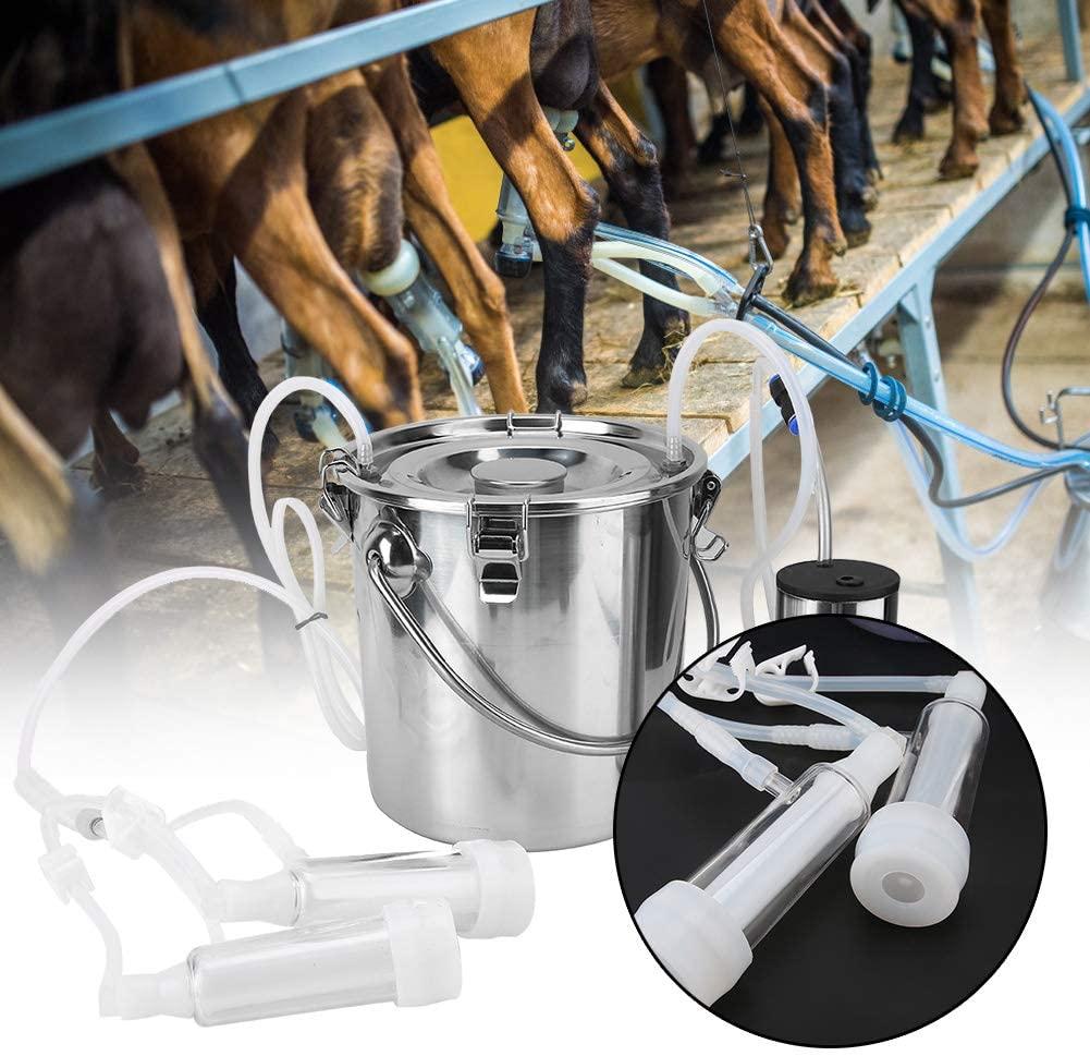 electric milking machine, portable automatic pulsation vacuum pump milker with 5l stainless steel bucket &amp; 2 teat cups, food grade cow and goat milking machine for farm, livestock use(for cow #1)