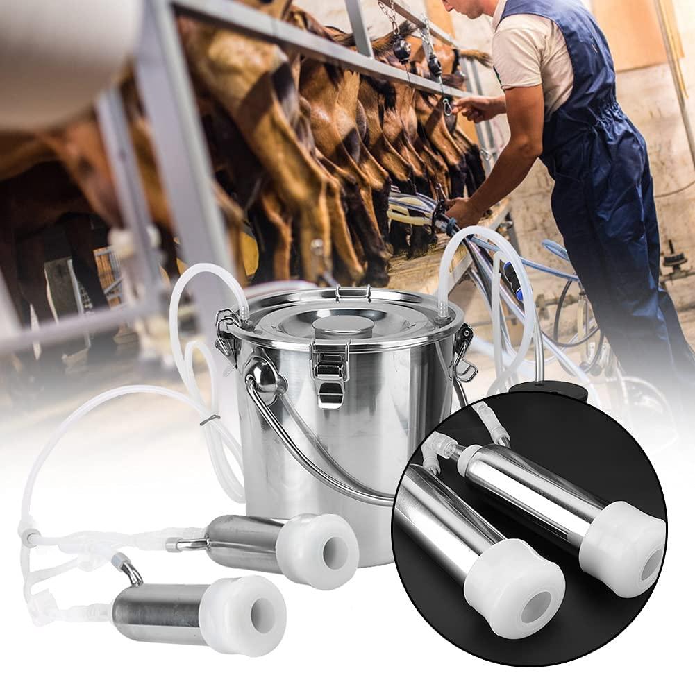 electric milking machine, portable automatic pulsation vacuum pump milker with 5l stainless steel bucket &amp; 2 teat cups, food grade cow and goat milking machine for farm, livestock use(for cow #1)